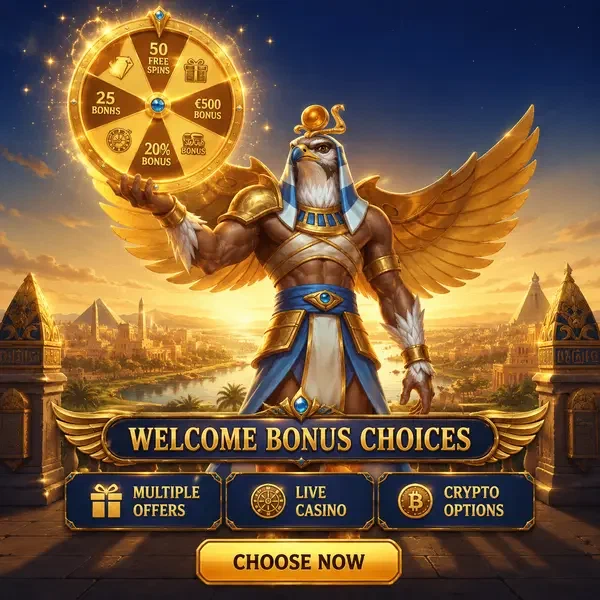 Falkenköpfiger Wächter präsentiert Willkommensbonus-Optionen auf der AmunRa Live-Casino-Terrasse
