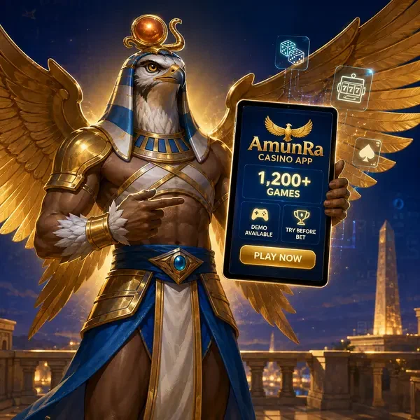 Falcon-Wächter präsentiert AmunRa Casino App mit über 1.200 leuchtenden Spielen auf Tablet-Bildschirm