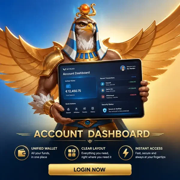 Sky Warden präsentiert Login-Portal bei AmunRa mit goldenem Dashboard-Interface