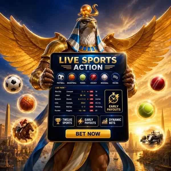 Sky Warden mit Falkenkopf hält leuchtendes Sportwetten-Tablet mit Live-Spielquoten bei Live-Sport- und Rennaction jetzt